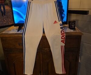 Adidas White Joggers with Blue and Red Accents